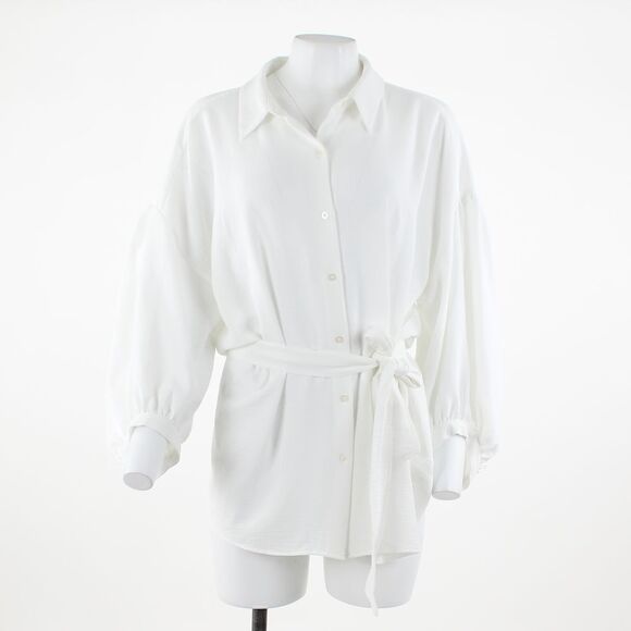 Calvin Klein Belted Button Down in  Shirt Soft White - Picture 2 of 5